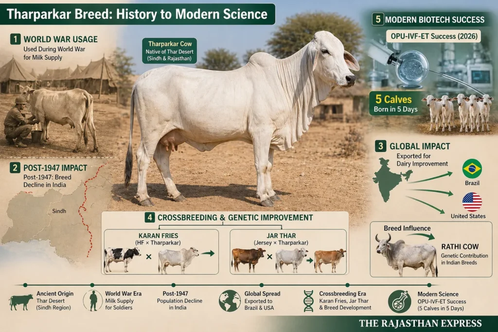Timeline of Tharparkar breed global history: World War milk supply, post-1947 population decline, export to Brazil and USA, crossbreeding development of Karan Fries and Jar Thar, modern OPU-IVF-ET success with 5 calves in 5 days.