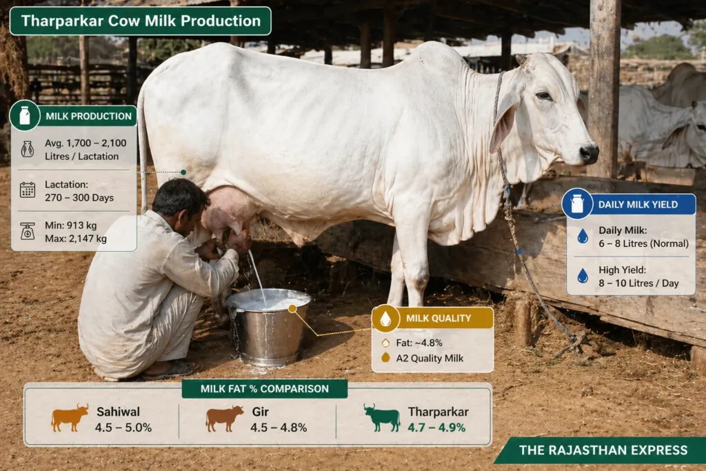 Tharparkar cow milk production data: 1,700-2,100 litres per lactation, daily 6-10 litres, milk fat 4.8% A2 quality, comparison with Sahiwal and Gir fat percentages.