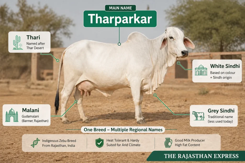 Infographic showing Tharparkar cow names: main name Tharparkar, also Thari (Thar Desert), White Sindhi, Grey Sindhi, Malani (Gudamalani area), all referring to same indigenous zebu breed.
