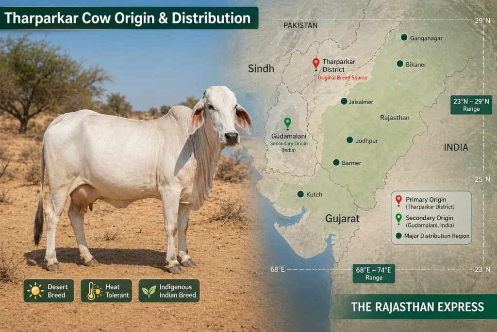 Geographic map showing Tharparkar cow origin (Tharparkar district, Pakistan) and secondary origin Gudamalani, Barmer, India, with distribution across Rajasthan, Gujarat, and Kutch. Coordinates 23°N-29°N, 68°E-74°E.