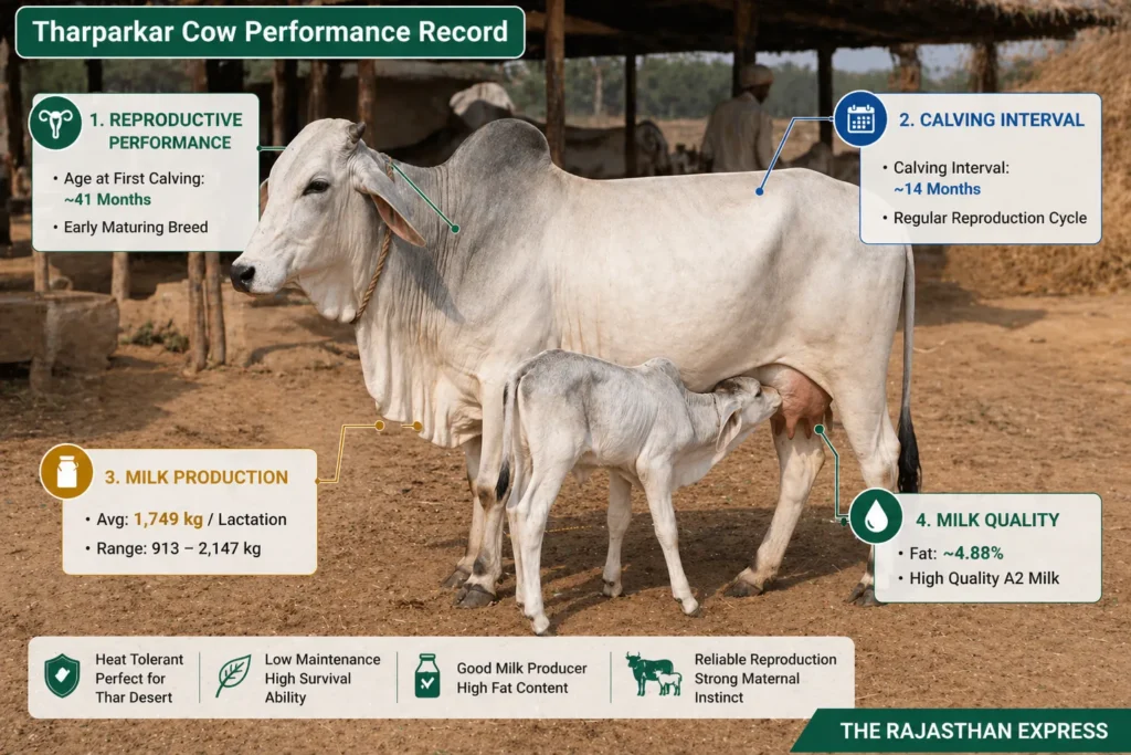 Performance record of Tharparkar cow showing reproductive data (age at first calving 41 months, calving interval 14 months), milk production 1,749 kg average, milk fat 4.88%, and heat tolerant low maintenance traits.