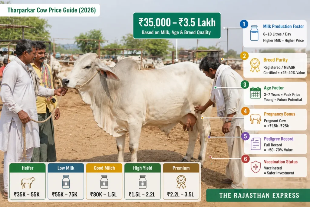 Tharparkar cow price guide 2026 showing range ₹35,000 to ₹3.5 lakh with factors: milk production, breed purity, age, pregnancy bonus, pedigree record, vaccination status, and price categories from heifer to premium.