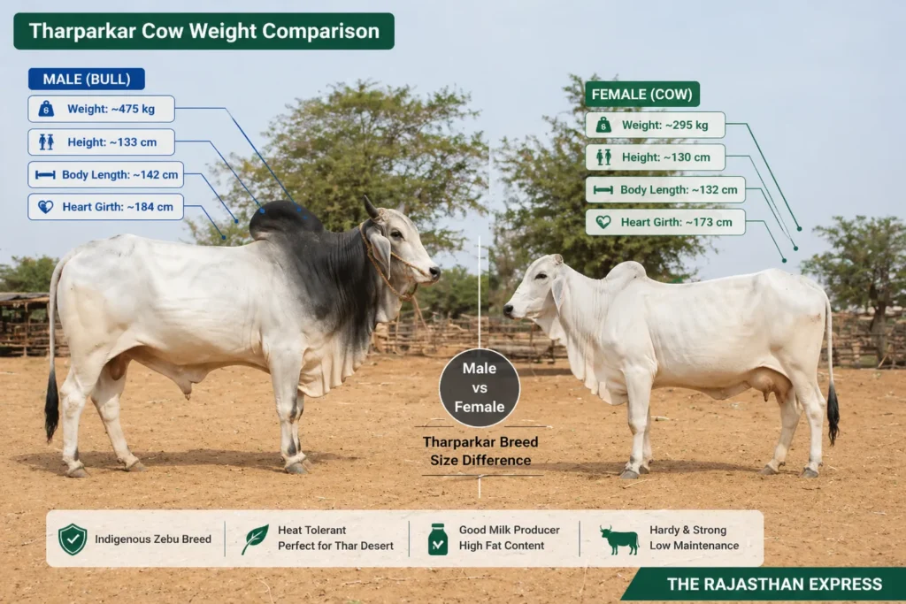 Comparison table of Tharparkar male (bull) vs female (cow) weight: bull 475 kg, 133 cm height, 142 cm body length, 184 cm heart girth; cow 295 kg, 130 cm height, 132 cm body length, 173 cm heart girth.