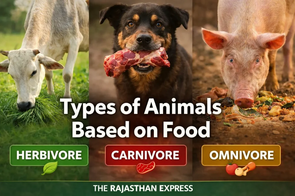 Three types of animals based on food: herbivore (plant-eating), carnivore (meat-eating), and omnivore (both plants and meat) with representative icons for each category.