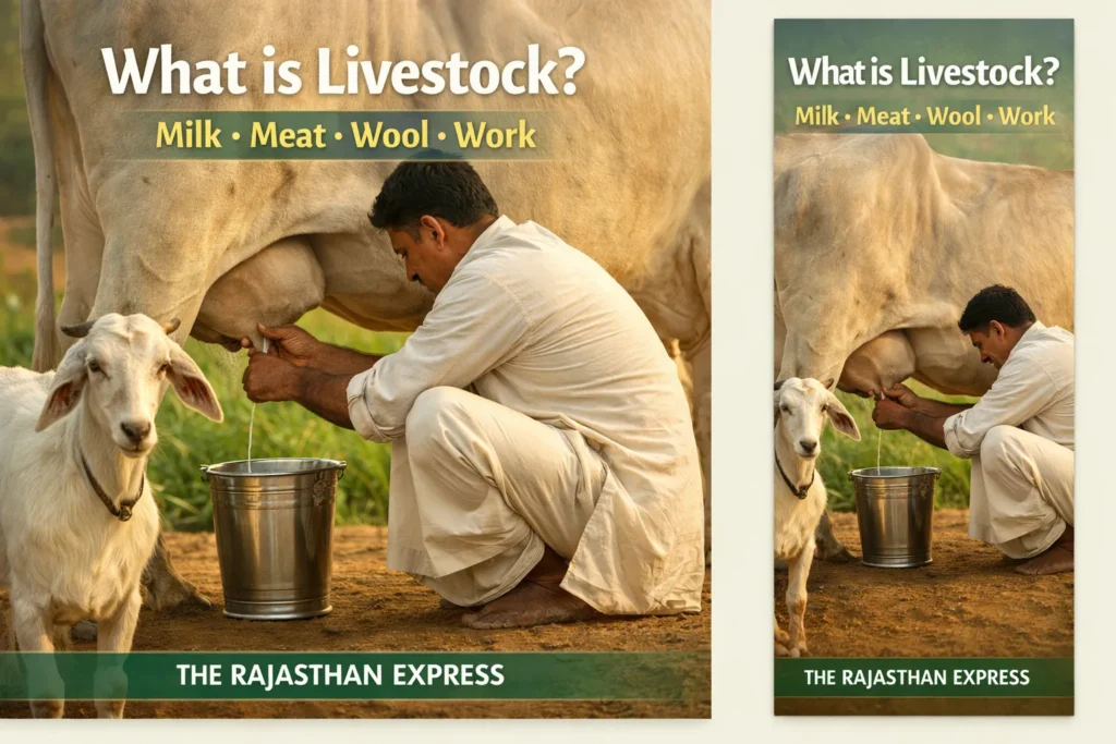 What is livestock infographic showing key products: milk, meat, wool, and work from domesticated farm animals including cattle, goat, sheep, and poultry.