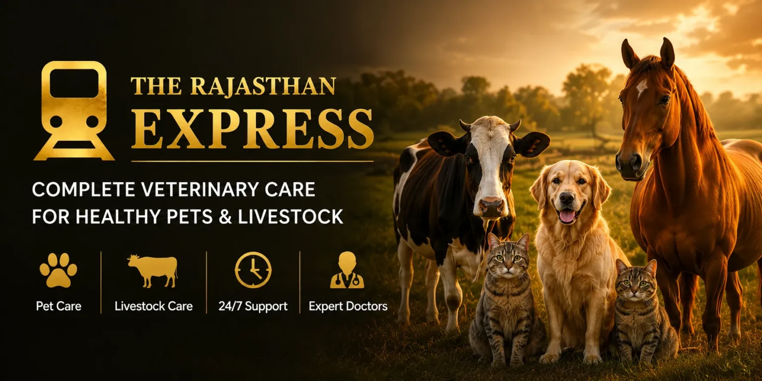 Informative banner of The Rajasthan Express: "COMPLETE VETERINARY CARE FOR HEALTHY PETS & LIVESTOCK" with four service icons – Pet Care, Livestock Care, 24/7 Support, Expert Doctors. Represents a holistic approach to animal well‑being.