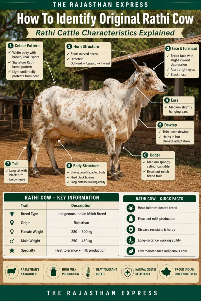 Detailed 8-step Rathi cow identification: 1) white body with brown/khaki spots, light underbelly; 2) short curved horns outward→upward→inward; 3) broad face with slight inward depression, alert eyes, black nose; 4) medium slightly hanging ears; 5) thin loose dewlap for heat adaptation; 6) medium spongy cylindrical udder; 7) long tail with black tuft below knee; 8) strong body, hard black hooves, long walking ability. Female 280-300 kg, male 350-450 kg. Heat tolerant, excellent milk production, disease resistant, low maintenance.