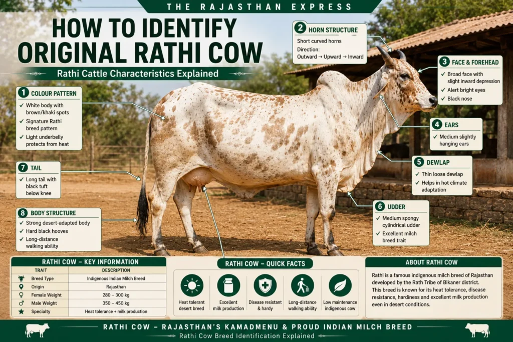 Identification guide for Rathi cattle: 1) white body with brown/khaki spots, light underbelly; 2) short curved horns outward→upward→inward; 3) broad face with slight inward depression, alert eyes, black nose; 4) medium slightly hanging ears; 5) thin loose dewlap; 6) medium spongy cylindrical udder. Body structure: strong desert-adapted, hard black hooves, long-distance walking. Female weight 280-300 kg, male 350-450 kg.