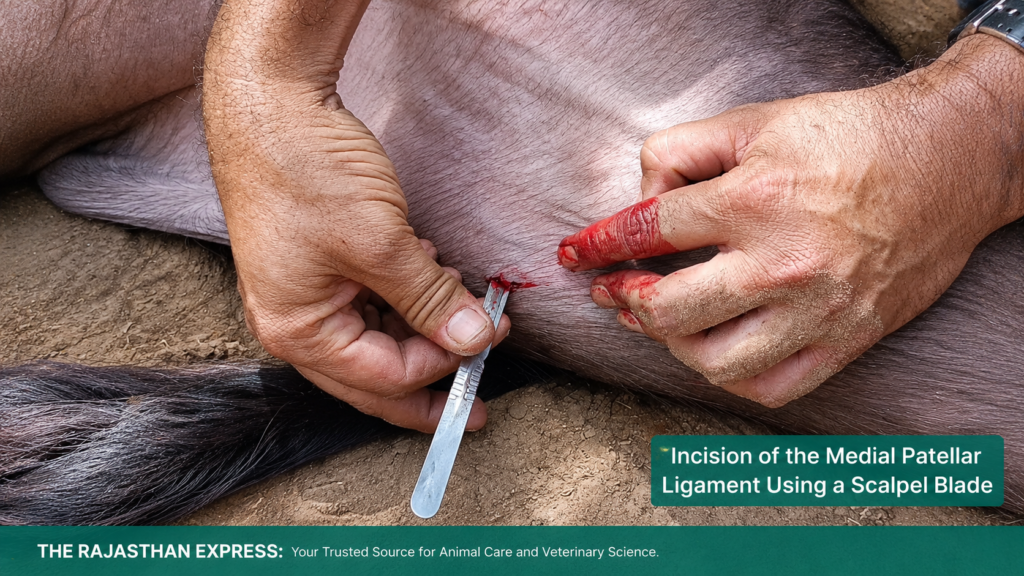 Veterinary surgery image showing incision of the medial patellar ligament using a scalpel blade – key step in medial patellar desmotomy (MPD) in cattle to correct upward fixation of patella.