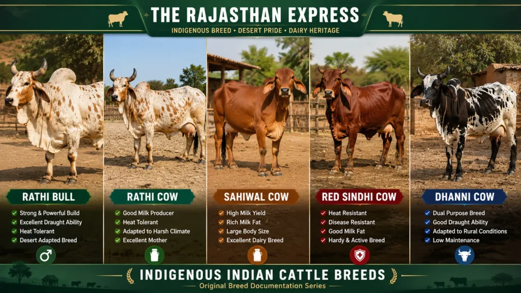 Infographic showcasing four indigenous Indian cattle breeds: Rathi bull (strong, powerful, good milk producer, excellent draught ability, heat tolerant, adapted to harsh climate, low maintenance); Rathi cow (good milk producer, excellent mother); Sahiwal cow (high milk yield, rich milk fat, excellent dairy breed); Red Sindhi cow (heat resistant, disease resistant, hardy, active); Dhanni cow (dual purpose breed, good draught ability, adapted to rural conditions, low maintenance). Desert pride and dairy heritage of India.
