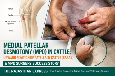 Anatomical diagram showing medial patellar desmotomy (MPD) in cattle – femur, patella, medial patellar ligament, tibia labeled. Treatment for upward fixation of patella (Saran) with surgery success story. Medial patellar ligament is the target for transection.