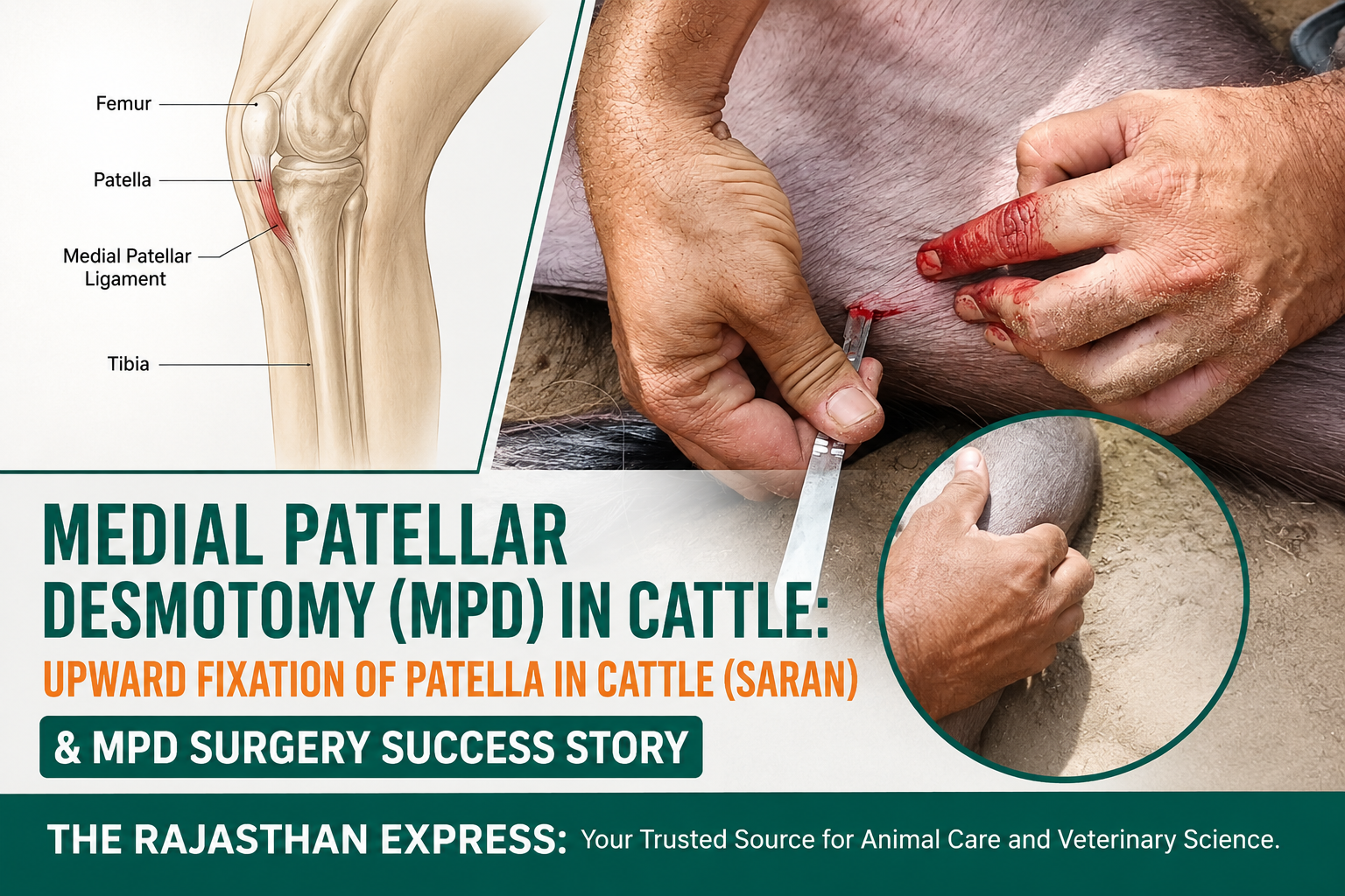 Anatomical diagram showing medial patellar desmotomy (MPD) in cattle – femur, patella, medial patellar ligament, tibia labeled. Treatment for upward fixation of patella (Saran) with surgery success story. Medial patellar ligament is the target for transection.