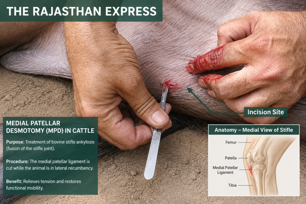 Anatomical illustration of medial patellar desmotomy in cattle – medial view of stifle joint showing femur, medial patellar ligament, tibia, and incision site. Procedure performed in lateral recumbency to relieve tension and restore mobility in bovine stifle ankylosis.