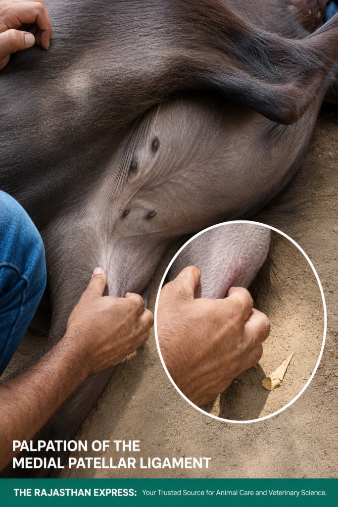 Veterinarian palpating the medial patellar ligament on a bovine hind limb – pre‑surgical localization for medial patellar desmotomy (MPD) to treat upward fixation of patella.
