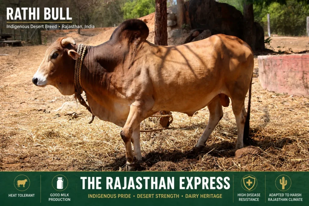 Rathi bull – indigenous desert breed of Rajasthan, India. Key traits: heat tolerant, good milk production (breed characteristic), high disease resistance, adapted to harsh Rajasthan climate. Strong, powerful build with excellent draught ability. Indigenous pride, desert strength, dairy heritage of Rajasthan.