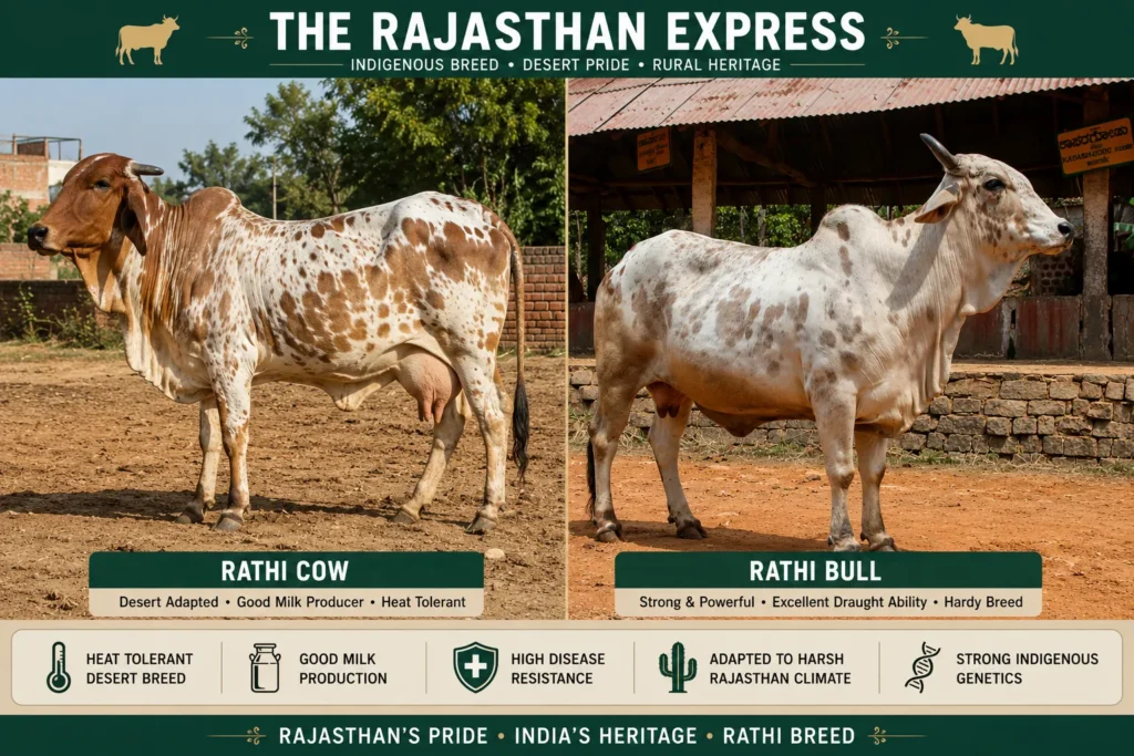 Infographic showcasing Rathi cow and Rathi bull as Rajasthan’s pride and heritage. Rathi cow traits: desert adapted, good milk producer, heat tolerant, high disease resistance, adapted to harsh Rajasthan climate, strong indigenous genetics. Rathi bull traits: strong and powerful, excellent draught ability, hardy breed. Both represent indigenous desert breed with rural heritage. Rajasthan’s pride, India’s heritage – Rathi breed.