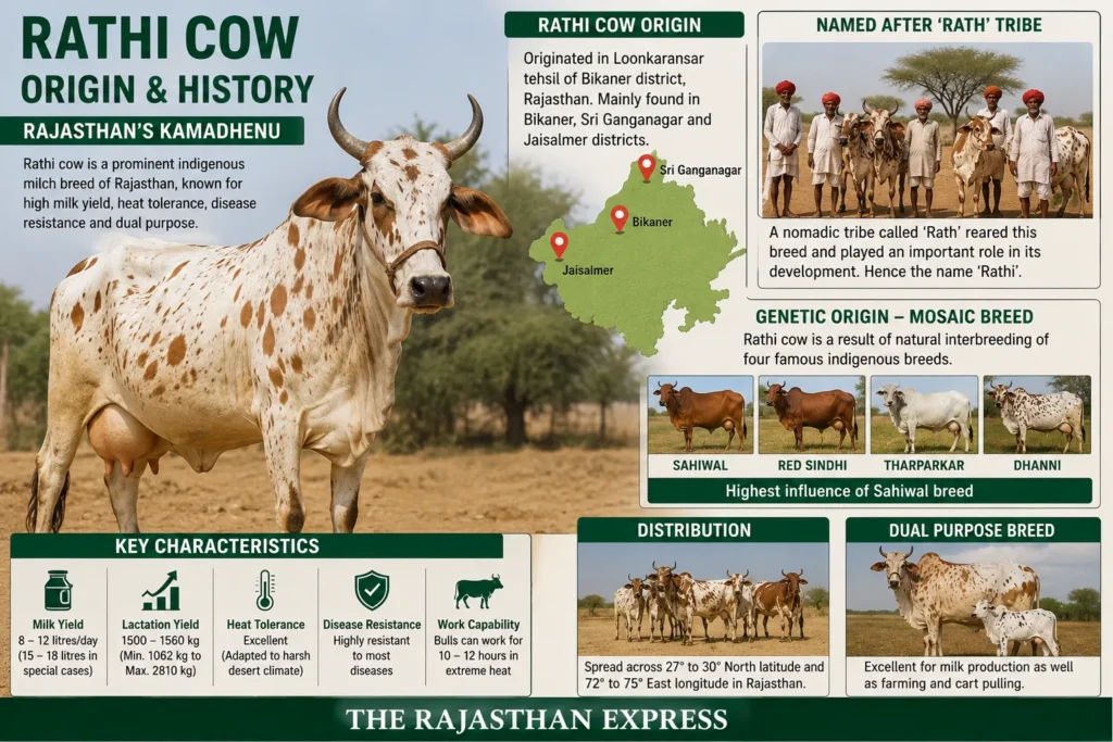Map and data showing Rathi cow origin in Loonkaransar tehsil, Bikaner district. Distribution across Bikaner, Sri Ganganagar, Jaisalmer, and 27°-30°N, 72°-75°E. Milk yield 8-12 litres/day (15-18 special), lactation 1500-1560 kg. Mosaic breed from Sahiwal, Red Sindhi, Tharparkar, Dhanni. Dual purpose – milk and farm work. Bulls work 10-12 hours in extreme heat.