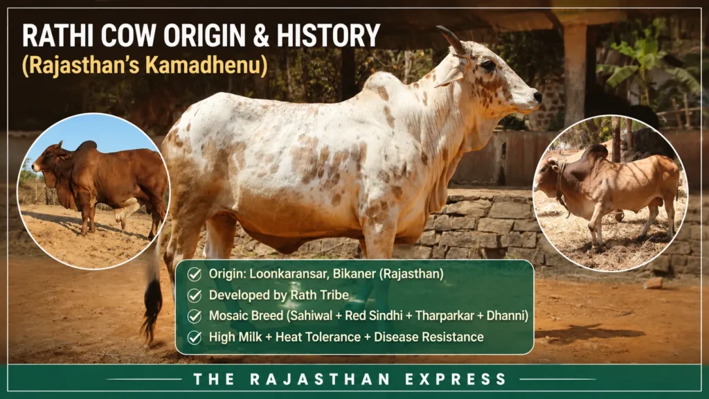 Infographic showing Rathi cow origin and history: Rajasthan's Kamadhenu, developed in Loonkaransar, Bikaner by Rath tribe. Mosaic breed from Sahiwal, Red Sindhi, Tharparkar, Dhanni. Known for high milk, heat tolerance, disease resistance.