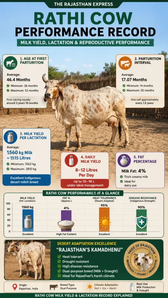 Performance infographic of Rathi cow: milk yield per lactation average 1,560 kg (min 1,062, max 2,810), daily milk 8-12 litres (up to 15-18 litres under ideal management), fat percentage 4%. Reproductive: age at first calving 46.4 months (range 36-52), calving interval 17 months (range 14-20). Heat tolerance 95%, disease resistance 90%. Dual-purpose breed for milk and draught. Rajasthan’s Kamadhenu.