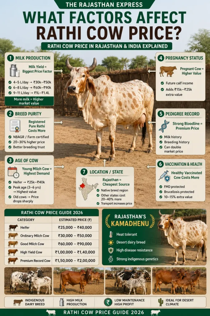 Rathi cow price guide 2026 infographic showing price range ₹25,000 to ₹2,00,000+. Six price factors: 1) Milk production – 4-5 L/day = ₹30k-50k, 6-8 L/day = ₹60k-90k, 9-11 L/day = ₹1L-1.4L; 2) Breed purity – registered pure Rathi (NBAGR certified) adds 20-30% value; 3) Age – heifer ₹25k-40k, peak age 3-6 years highest value; 4) Pregnancy – adds ₹15k-25k extra; 5) Pedigree record – strong bloodline can double price; 6) Vaccination & health – FMD & brucellosis protected adds 10-15% value. Location factor: Rajasthan cheapest source, other states cost 20-40% more. Category table: Heifer ₹25k-40k, Ordinary milch cow ₹30k-50k, Good milch cow ₹60k-90k, High yield cow ₹1L-1.4L, Premium record cow ₹1.5L-2L+. Rajasthan’s Kamadhenu – heat tolerant, desert dairy breed, high disease resistance, strong indigenous genetics.