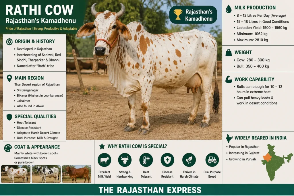 Poster of Rathi cow as Rajasthan's Kamadhenu. Key stats: milk 8-12 litres/day (15-18 litres special), lactation 1500-1560 kg, cow weight 280-300 kg, bull weight 350-400 kg. Special qualities: heat tolerant, disease resistant, adapts to harsh desert climate, dual purpose. Found in Sri Ganganagar, Bikaner (Loonkaransar highest), Jaisalmer, Alwar. Also popular in Gujarat and Punjab.