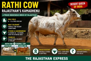 Infographic of Rathi cow as Rajasthan's desert queen. Features: milk yield 8-12 litres per day, heat tolerant for desert conditions, strong and hardworking – ploughs 10-12 hours even in extreme heat, disease resistant, dual purpose breed, economical and profitable, low maintenance high value. Found in Rajasthan, Gujarat, Punjab. Rathi cow vs Sahiwal comparison also shown.