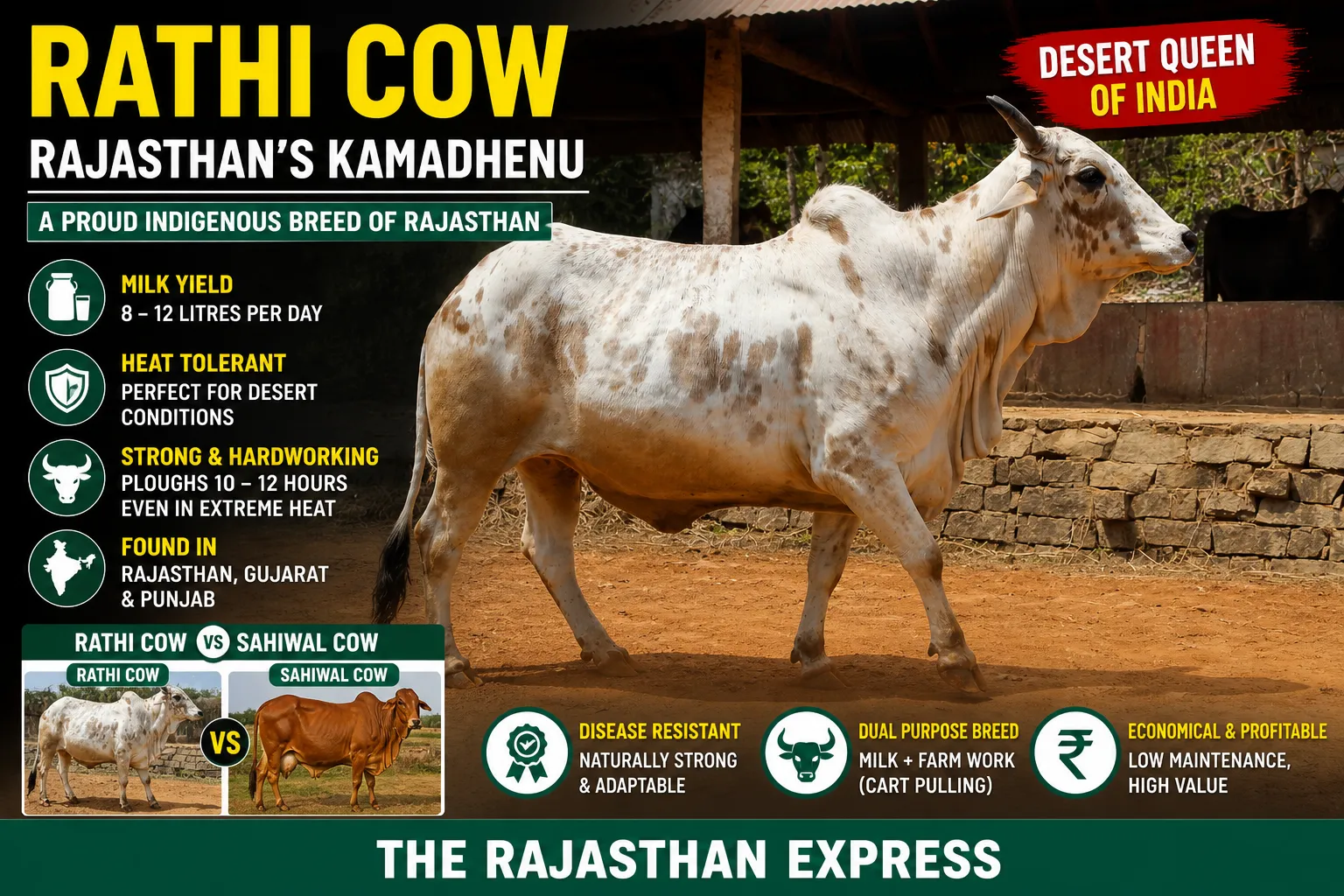 Infographic of Rathi cow as Rajasthan's desert queen. Features: milk yield 8-12 litres per day, heat tolerant for desert conditions, strong and hardworking – ploughs 10-12 hours even in extreme heat, disease resistant, dual purpose breed, economical and profitable, low maintenance high value. Found in Rajasthan, Gujarat, Punjab. Rathi cow vs Sahiwal comparison also shown.