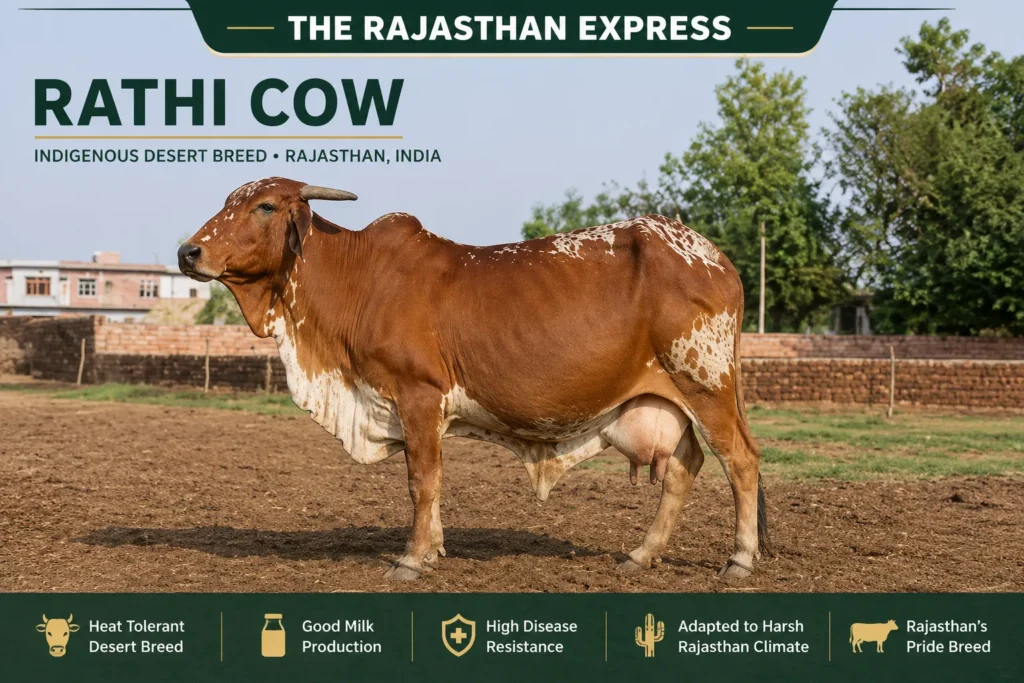 Rathi cow – indigenous desert breed of Rajasthan, India. Standout features: heat tolerant desert breed, good milk production, high disease resistance, adapted to harsh Rajasthan climate. Recognized as Rajasthan’s pride breed. Dual purpose – milk production and draught work. Strong indigenous genetics for sustainable livestock farming in arid regions.
