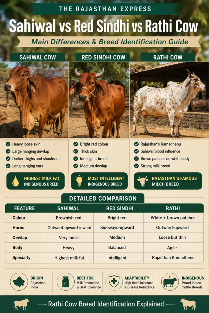 Comparison table of Sahiwal vs Red Sindhi vs Rathi cow: Sahiwal (brownish-red, loose dewlap, highest milk fat), Red Sindhi (bright red, medium dewlap, intelligent), Rathi (white+brown patches, loose thin dewlap, Rajasthan’s Kamadhenu). Horn shapes and body types explained.
