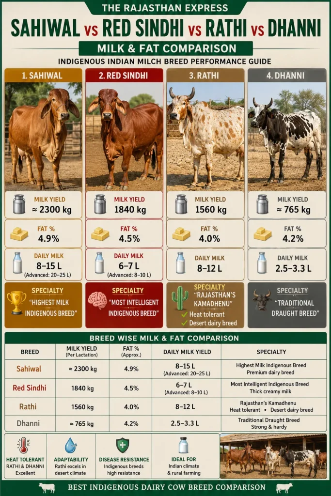 Comparison chart of four indigenous Indian milch breeds: Sahiwal (2,300 kg milk, 4.9% fat, 8-15 L/day), Red Sindhi (1,840 kg, 4.5% fat, 6-7 L/day), Rathi (1,560 kg, 4.0% fat, 8-12 L/day), Dhanni (765 kg, 4.2% fat, 2.5-3.3 L/day). Sahiwal highest milk fat, Red Sindhi most intelligent, Rathi Rajasthan’s Kamadhenu, Dhanni traditional draught breed.
