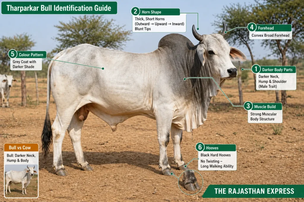 Tharparkar bull identification infographic showing: 1) darker neck, hump & shoulder (male trait), 2) thick short horns with blunt tips curving outward→upward→inward, 3) strong muscular body structure, 4) convex broad forehead, 5) grey coat with darker shade, 6) black hard hooves with long walking ability. Heat tolerant, hardy desert breed.