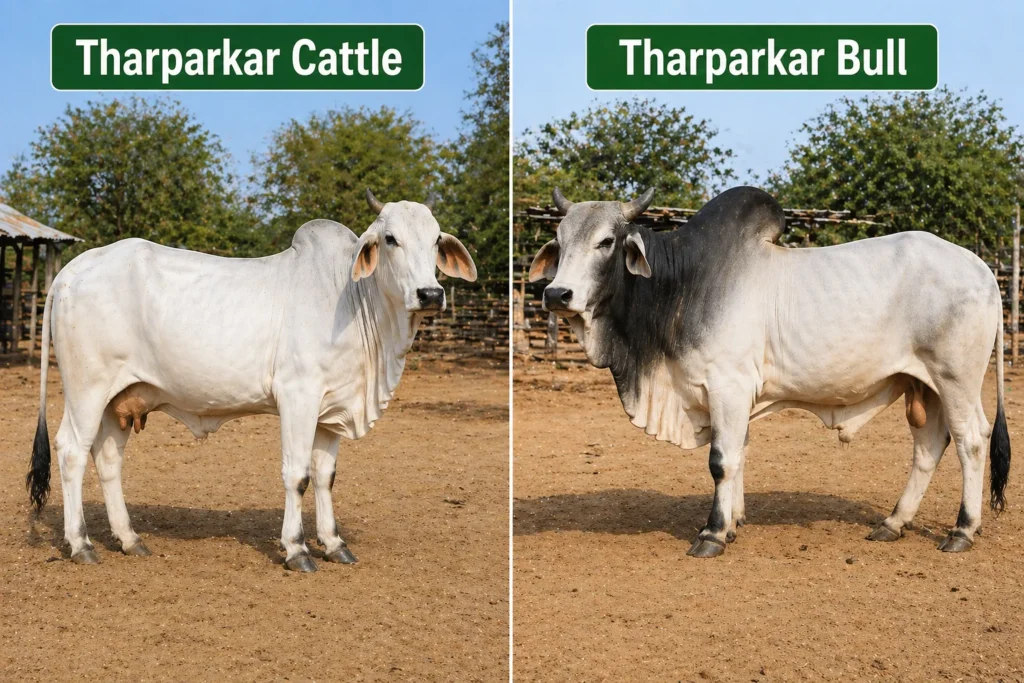 Original photograph of Tharparkar bull – indigenous desert cattle breed. Bull shows grey coat with darker neck and hump, thick short curved horns (outward–upward–inward), convex forehead, strong muscular body, and black hard hooves. Representing the heat‑tolerant, hardy draught animal of Rajasthan and Gujarat.