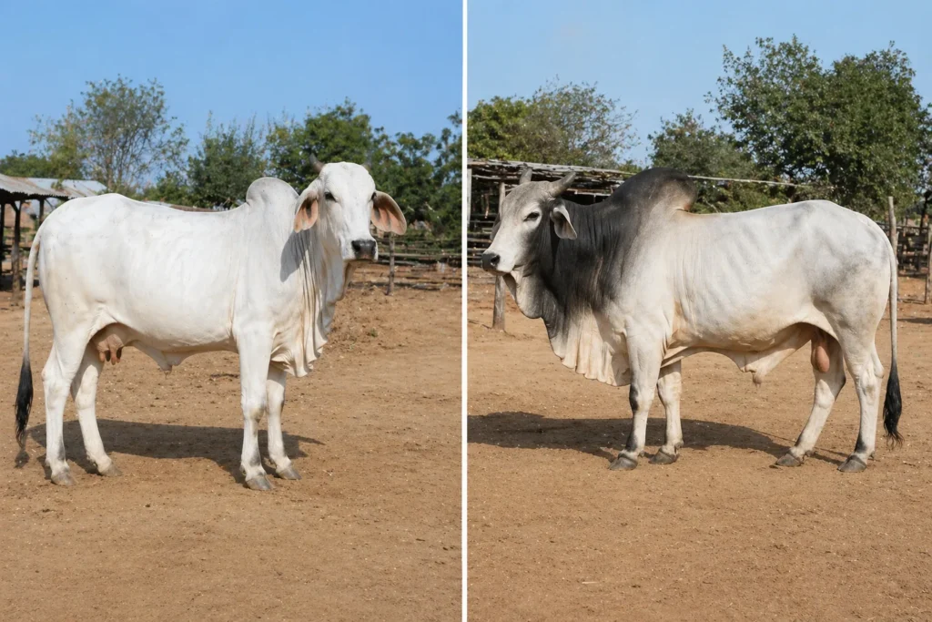 Tharparkar bull and Tharparkar cow standing together – indigenous desert breed from Thar Desert. Bull shows darker neck, hump and shoulders; cow shows white/light grey coat. Both have curved horns outward-upward-inward.