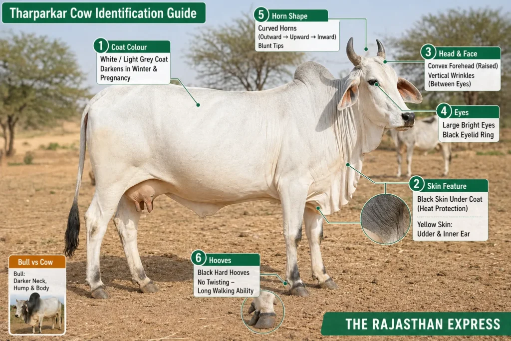 Tharparkar cow identification features: 1) white/light grey coat (darkens in winter/pregnancy), 2) black skin under hair for heat protection, 3) convex raised forehead with vertical wrinkles between eyes, 4) large bright eyes with black eyelid ring, 5) curved horns outward→upward→inward with blunt tips, 6) black hard hooves, plus yellow skin on udder and inner ear. Heat tolerant, good milk producer.
