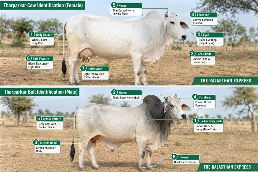 Side-by-side comparison of Tharparkar cow (female) and Tharparkar bull (male). Cow traits: white/light grey coat, black skin under hair, convex forehead, black eye ring, thin curved inward horns, yellow udder skin, black hooves. Bull traits: darker neck & hump, strong muscular body, thick short horns, convex broad forehead, darker face & lower legs, black hard hooves. Indigenous desert breed of India.