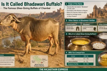 Infographic explaining the name origin of Bhadawari buffalo. Historical connection: Bhadawar was a powerful Rajput princely state; Bhadauria Rajputs developed the breed. Other names: Etawah Buffalo (named after Etawah region), Bhadawari (local pronunciation), Ghee‑Giving Buffalo (famous for 12‑14% milk fat). Milk fat comparison table: Cow 3.5‑5%, Normal buffalo 6‑7%, Bhadawari 12‑14%. High‑fat milk ideal for ghee production. Heritage breed of Chambal‑Yamuna region.