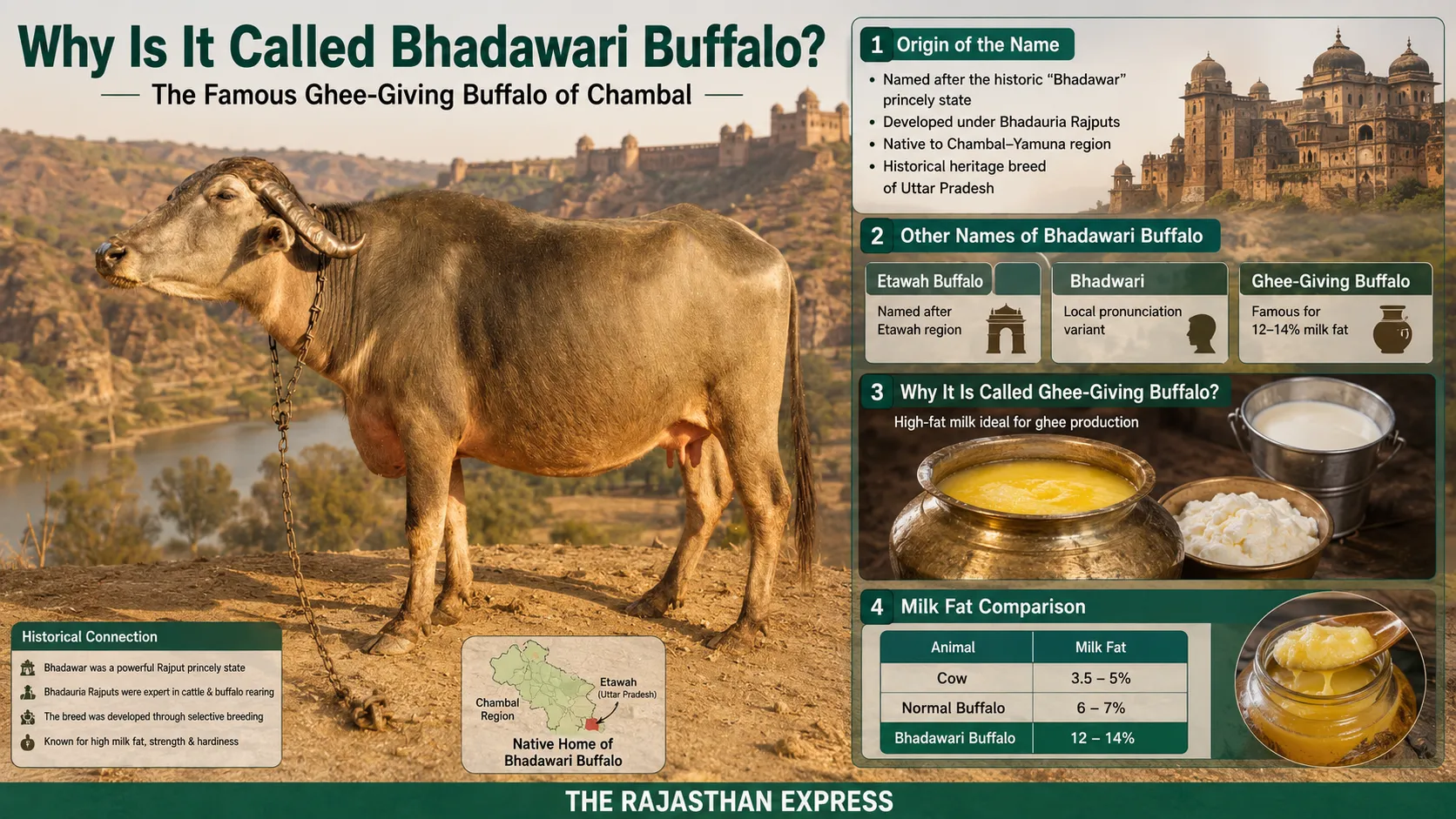 Infographic explaining the name origin of Bhadawari buffalo. Historical connection: Bhadawar was a powerful Rajput princely state; Bhadauria Rajputs developed the breed. Other names: Etawah Buffalo (named after Etawah region), Bhadawari (local pronunciation), Ghee‑Giving Buffalo (famous for 12‑14% milk fat). Milk fat comparison table: Cow 3.5‑5%, Normal buffalo 6‑7%, Bhadawari 12‑14%. High‑fat milk ideal for ghee production. Heritage breed of Chambal‑Yamuna region.