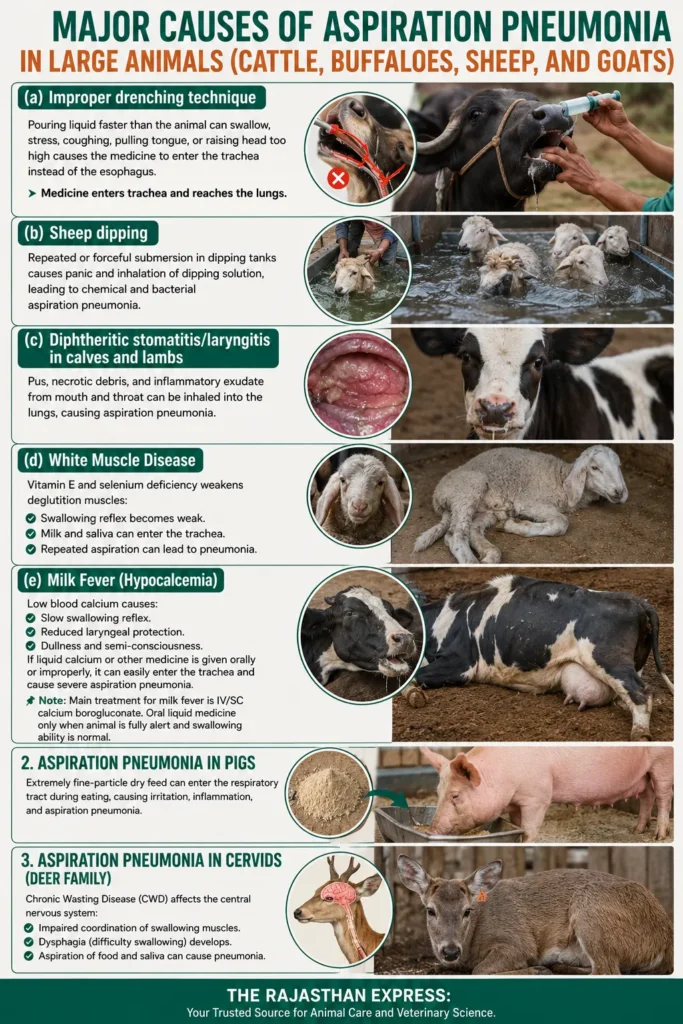 Infographic explaining major causes of aspiration pneumonia in large animals (cattle, buffaloes, sheep, goats): improper drenching technique, sheep dipping, diphtheritic stomatitis, white muscle disease, and milk fever (hypocalcemia). Also covers aspiration pneumonia in pigs (dry feed) and cervids (Chronic Wasting Disease).