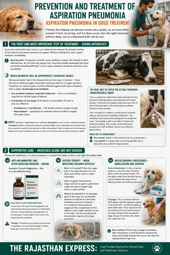 Veterinary treatment protocol for aspiration pneumonia in dogs showing antibiotic selection (Ampicillin-Sulbactam, Enrofloxacin, Metronidazole, Tylosin), transtracheal wash procedure for culture, supportive care with Flunixin Meglumine, oxygen therapy (mask/cage), saline nebulization, and manual coupage (chest tapping) to clear mucus.