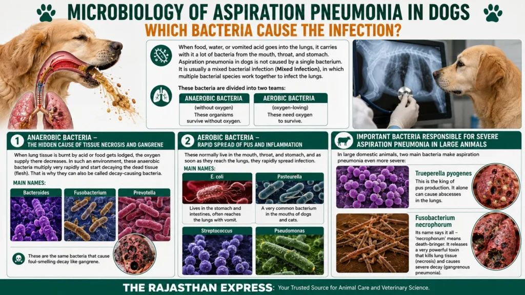 Microbiology infographic showing bacteria causing aspiration pneumonia in dogs – anaerobic bacteria (Bacteroides, Fusobacterium, Prevotella – cause tissue necrosis/gangrene) and aerobic bacteria (E. coli, Pasteurella, Streptococcus, Pseudomonas – cause pus/inflammation). In large animals: Trueperella pyogenes (pus production) and Fusobacterium necrophorum (tissue necrosis). Mixed bacterial infection illustrated.