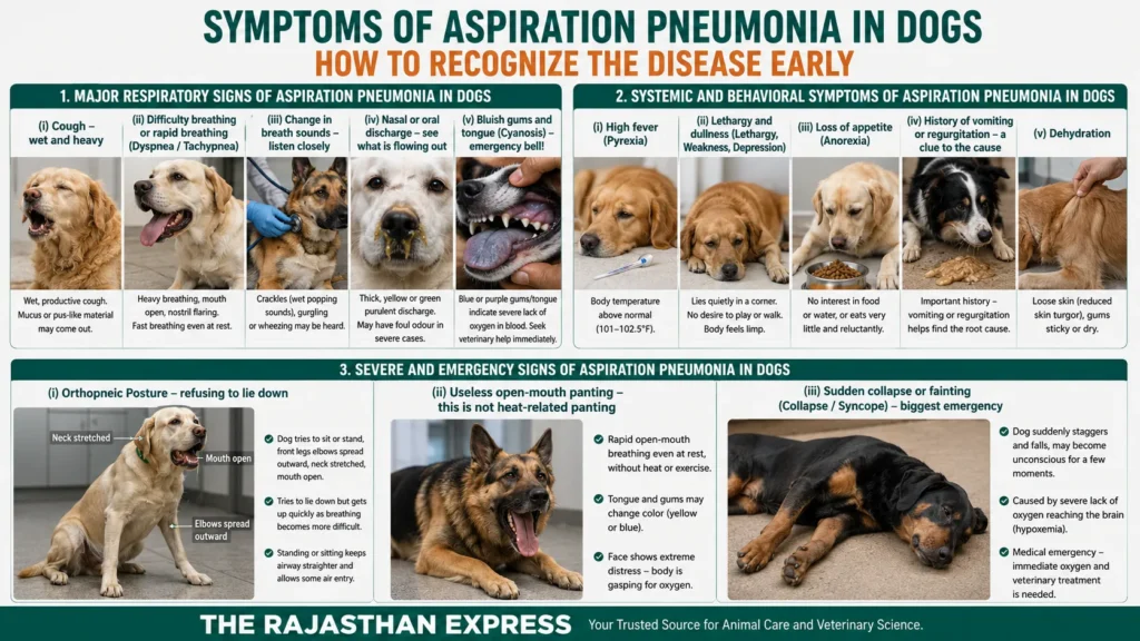 Detailed infographic listing major respiratory and systemic symptoms of aspiration pneumonia in dogs including wet cough, tachypnea, nasal discharge, bluish gums, high fever, lethargy, dehydration, and severe emergency signs like open‑mouth panting, neck stretching, and sudden collapse.