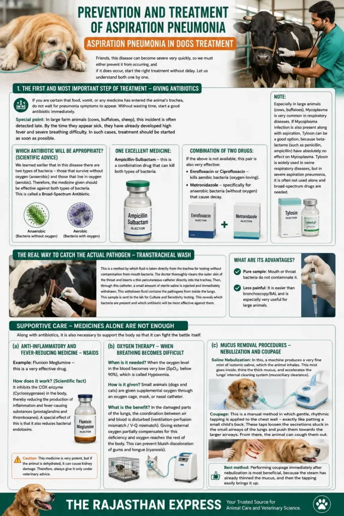 Veterinary treatment protocol for aspiration pneumonia in dogs showing antibiotic selection (Ampicillin-Sulbactam, Enrofloxacin, Metronidazole, Tylosin), transtracheal wash procedure for culture, supportive care with Flunixin Meglumine, oxygen therapy (mask/cage), saline nebulization, and manual coupage (chest tapping) to clear mucus.