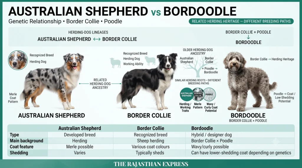 Infographic comparing Australian Shepherd vs Bordoodle. Shows related herding-dog ancestry between Australian Shepherd and Border Collie. The Bordoodle is a Border Collie x Poodle hybrid, inheriting herding traits from the Border Collie and coat/low-shedding potential from the Poodle. Comparison table: Type (Developed breed vs Hybrid/designer dog), Main background (Herding vs Border Collie x Poodle), Coat feature (Merle possible vs Wavy/curly possible), Shedding (Varies vs Can have lower-shedding coat).