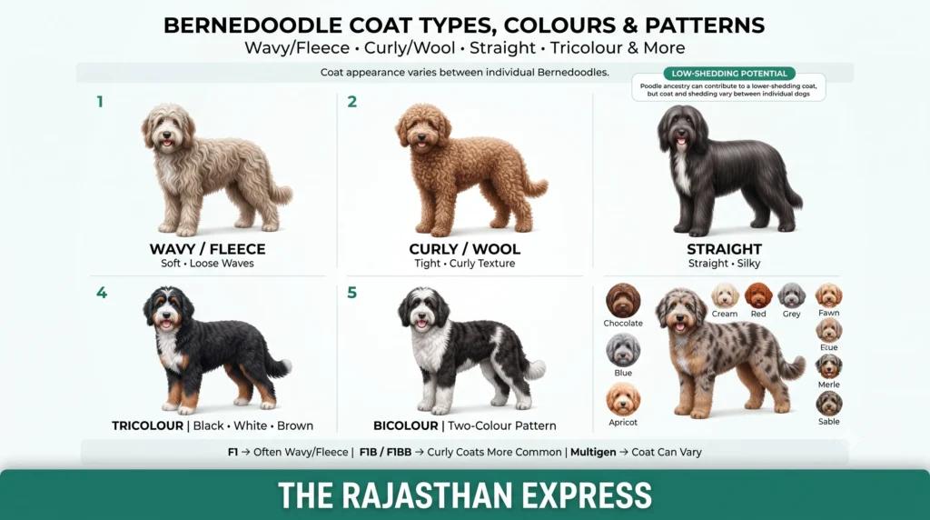 Infographic showing Bernedoodle coat types, colours, and patterns. Top row: Wavy/Fleece (soft, loose waves), Curly/Wool (tight, curly texture), Straight (straight, silky). Bottom row: Tricolour (black, white, brown), Bicolour (two-colour pattern). Colour swatches: Chocolate, Cream, Red, Grey, Fawn, Blue, Apricot, Merle, Sable. Text notes F1 often wavy/fleece; F1B/F1BB curly coats more common; Multigen coat can vary. Low-shedding potential from Poodle ancestry.
