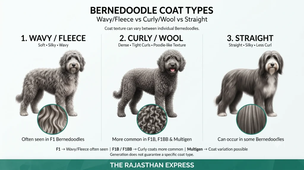 Infographic showing three Bernedoodle coat types: 1. Wavy / Fleece – soft, silky, wavy (often seen in F1 Bernedoodles); 2. Curly / Wool – dense, tight curls, Poodle-like texture (more common in F1B, F1BB & Multigen); 3. Straight – straight, silky, less curl (can occur in some Bernedoodles). Close-up inset of each coat texture. Text notes generation does not guarantee a specific coat type.