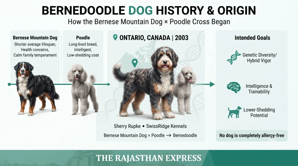 Bernedoodle dog history and origin infographic. How the Bernese Mountain Dog x Poodle cross began in Ontario, Canada | 2003 by Sherry Rupke at SwissRidge Kennels. Intended goals: genetic diversity / hybrid vigor, intelligence & trainability, and lower-shedding potential. Note: no dog is completely allergy-free.