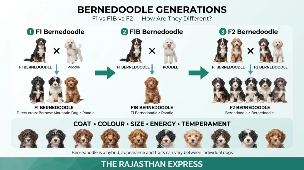 Infographic explaining Bernedoodle generations. F1 Bernedoodle = direct cross: Bernese Mountain Dog x Poodle. F1B Bernedoodle = F1 Bernedoodle x Poodle. F2 Bernedoodle = Bernedoodle x Bernedoodle. Bottom row shows how coat, colour, size, energy, and temperament can vary across generations. Text notes Bernedoodle is a hybrid; appearance and traits vary between individual dogs.