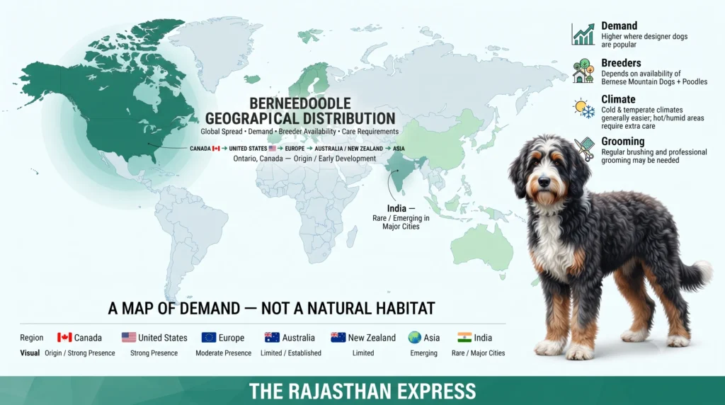 World map showing Bernedoodle geographical distribution – origin in Ontario, Canada, then spread to United States (strong presence), Europe (moderate presence), Australia and New Zealand (limited/established), and Asia including India (rare/emerging in major cities). Side panel lists factors: demand, breeders, climate, grooming. Text emphasises this is a map of demand – not a natural habitat. A Bernedoodle dog stands beside the map.