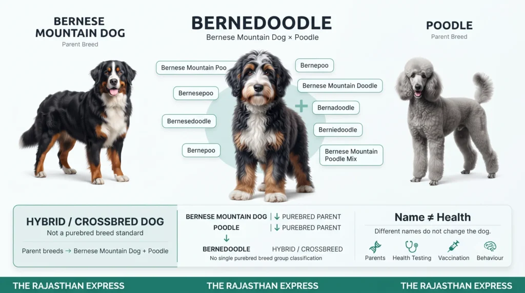 Bernedoodle other names and breed classification infographic. Bernese Mountain Dog + Poodle = Bernedoodle. Other names: Bernepoo, Bernesepoo, Bernesedoodle, Bernese Mountain Poo, Bernese Mountain Doodle, Bernadoodle, Berniedoodle, Bernese Mountain Poodle Mix. Classification: Hybrid / Crossbred Dog. Parent breeds are purebred; Bernedoodle has no single purebred breed group classification. Name does not equal health (parents, health testing, vaccination, behaviour matter).