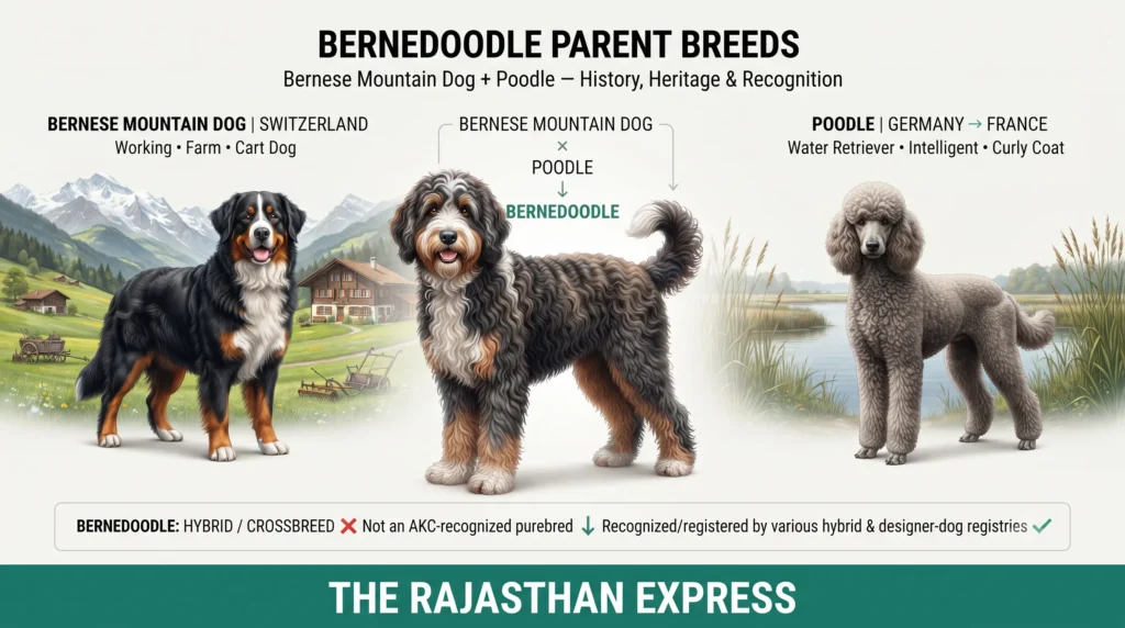 Infographic showing Bernedoodle parent breeds – Bernese Mountain Dog from Switzerland (working, farm, cart dog) crossed with Poodle from Germany/France (water retriever, intelligent, curly coat). The Bernedoodle is a hybrid / crossbreed and is not an AKC-recognized purebred but is recognized by various hybrid & designer-dog registries.